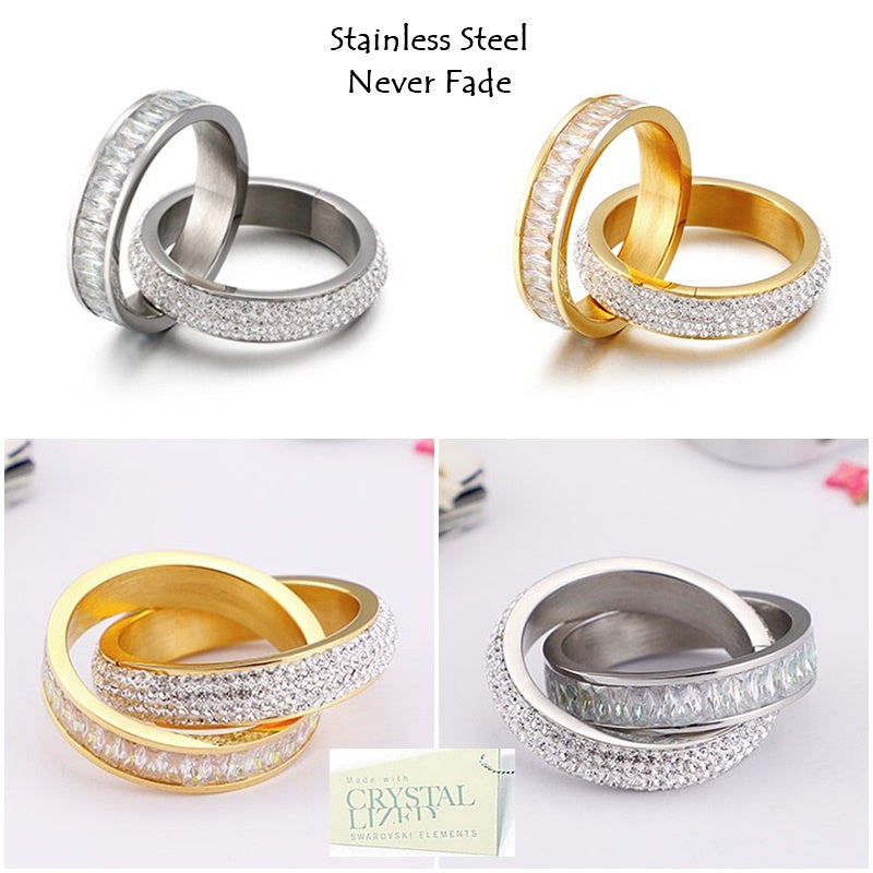 Stainless Steel 316L 2 in 1 Ring Yellow White Gold Plated with Sparkling Swarovski Crystals