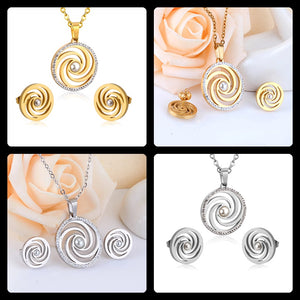 Stylish Stainless Steel Silver/Yellow Gold Set Necklace Earrings and Pendant With Crystals