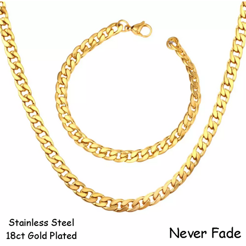 Stainless Steel 316L Gold Plated Curb Chain Set Necklace Bracelet