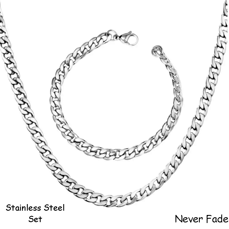 Stainless Steel 316L Silver Curb Chain Set Necklace Bracelet