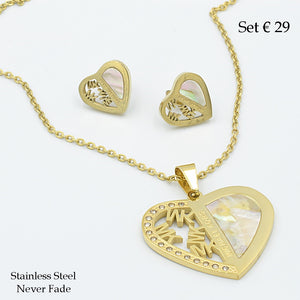 Stainless Steel Stylish Silver/Yellow Gold Plated Heart Set Necklace Earrings
