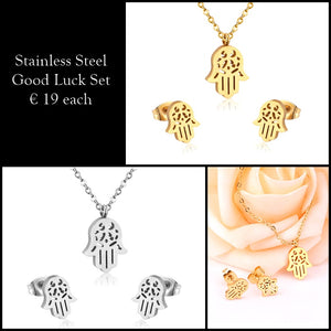 Hamsa Hand Protection Lucky Charm Stainless Steel Set Necklace Pendant Earrings
