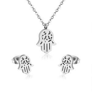 Hamsa Hand Protection Lucky Charm Stainless Steel Set Necklace Pendant Earrings