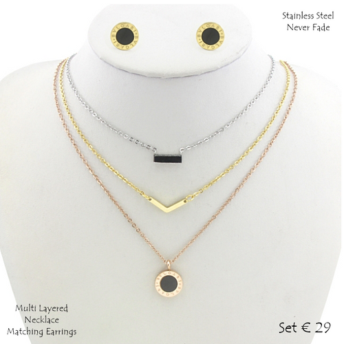 Trendy Stainless Steel Three Tone Multi Layered Set Necklace and Matching Earrings