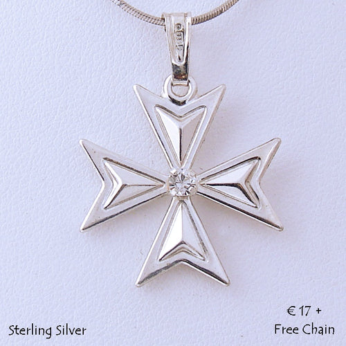 MALTESE CROSS  Sterling Silver 925 Pendant with Cubic Zirconia Free Chain