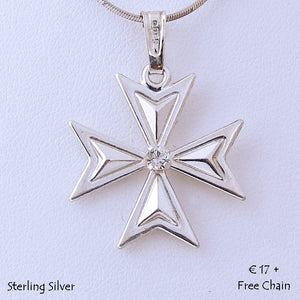MALTESE CROSS  Sterling Silver 925 Pendant with Cubic Zirconia Free Chain