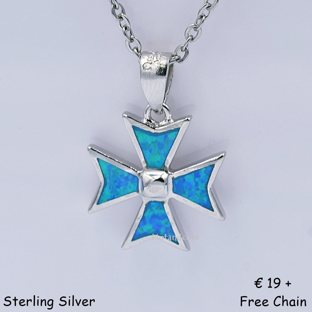 MALTESE CROSS Sterling Silver 925 Blue Opal Pendant Free Chain