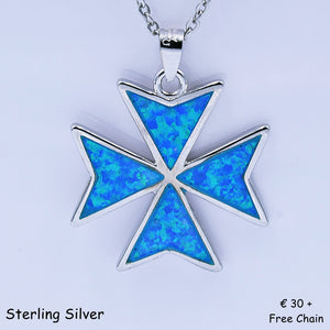 Beautiful MALTESE CROSS Sterling Silver 925 Blue Opal Pendant Free Chain