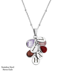 Stainless Steel Family Necklace with Drop Birthstone and Initial