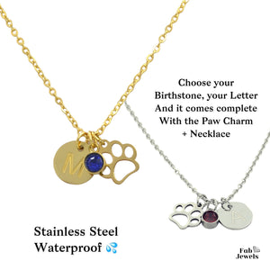 Stainless Steel Personalised Initial and Birthstone Paw Charm Necklace