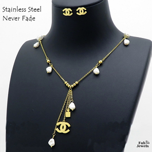 Stainless Steel Yellow Gold Plated/Silver Set Nicely Detailed with Freshwater Pearls Drop Necklace Stud Earrings