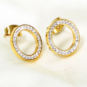 Stainless Steel 316L Hypoallergenic Yellow Gold Round Stud Earrings with Swarovski Crystals