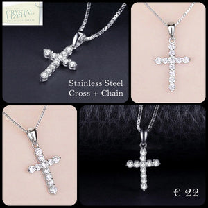 Silver Stainless Steel Small Cross with Swarovski Crystals