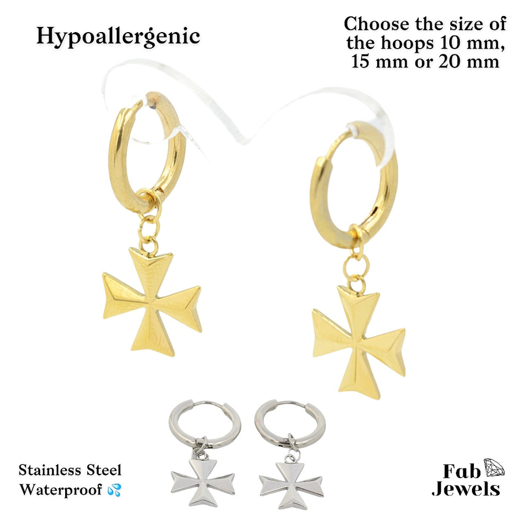 Stainless Steel Silver / Yellow Gold 3D Maltese Cross Dangling Charms Hoop Earrings Hypoallergenic
