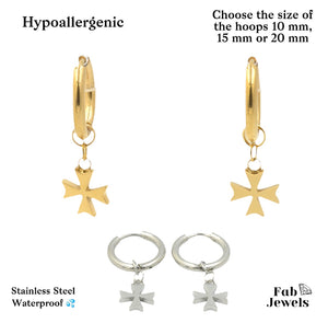 Stainless Steel Silver / Yellow Gold Maltese Cross Dangling Charms Hoop Earrings Hypoallergenic