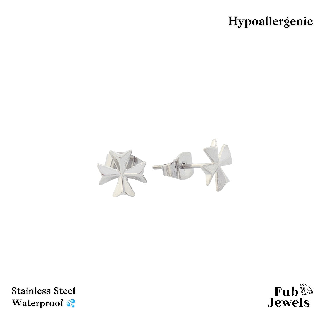 Stainless Steel Silver Yellow Gold Plated Maltese Cross Stud