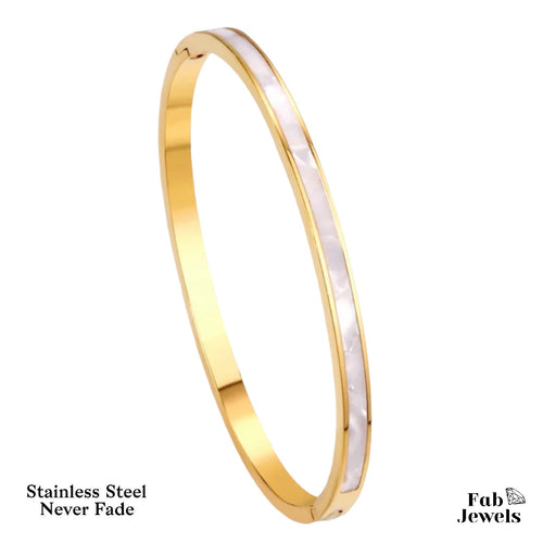 Stainless Steel Yellow Gold Plated Bangle Complimented with Mother of Pearl
