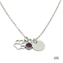 Load image into Gallery viewer, Stainless Steel Personalised Initial and Birthstone Paw Charm Necklace
