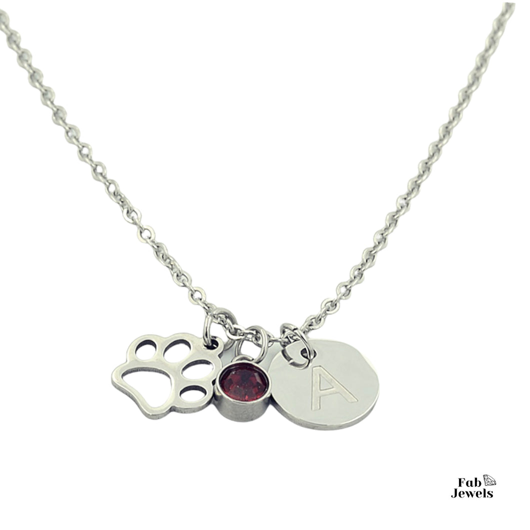 Stainless Steel Personalised Initial and Birthstone Paw Charm Necklace