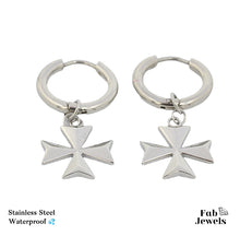 Load image into Gallery viewer, Stainless Steel Silver / Yellow Gold 3D Maltese Cross Dangling Charms Hoop Earrings Hypoallergenic