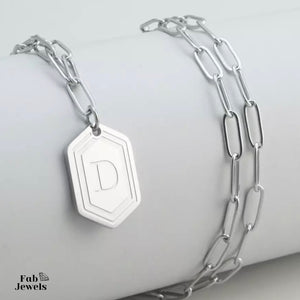 Stainless Steel Hexagon Initial Pendant Including Paperclip Chain
