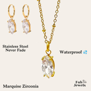 Stainless Steel Marquise Cubic Zirconia Waterproof Necklace with Matching Dangling Charm Hoops