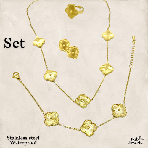 Stainless Steel 316L Yellow Gold Clover Set Ring Necklace Bracelet Earrings
