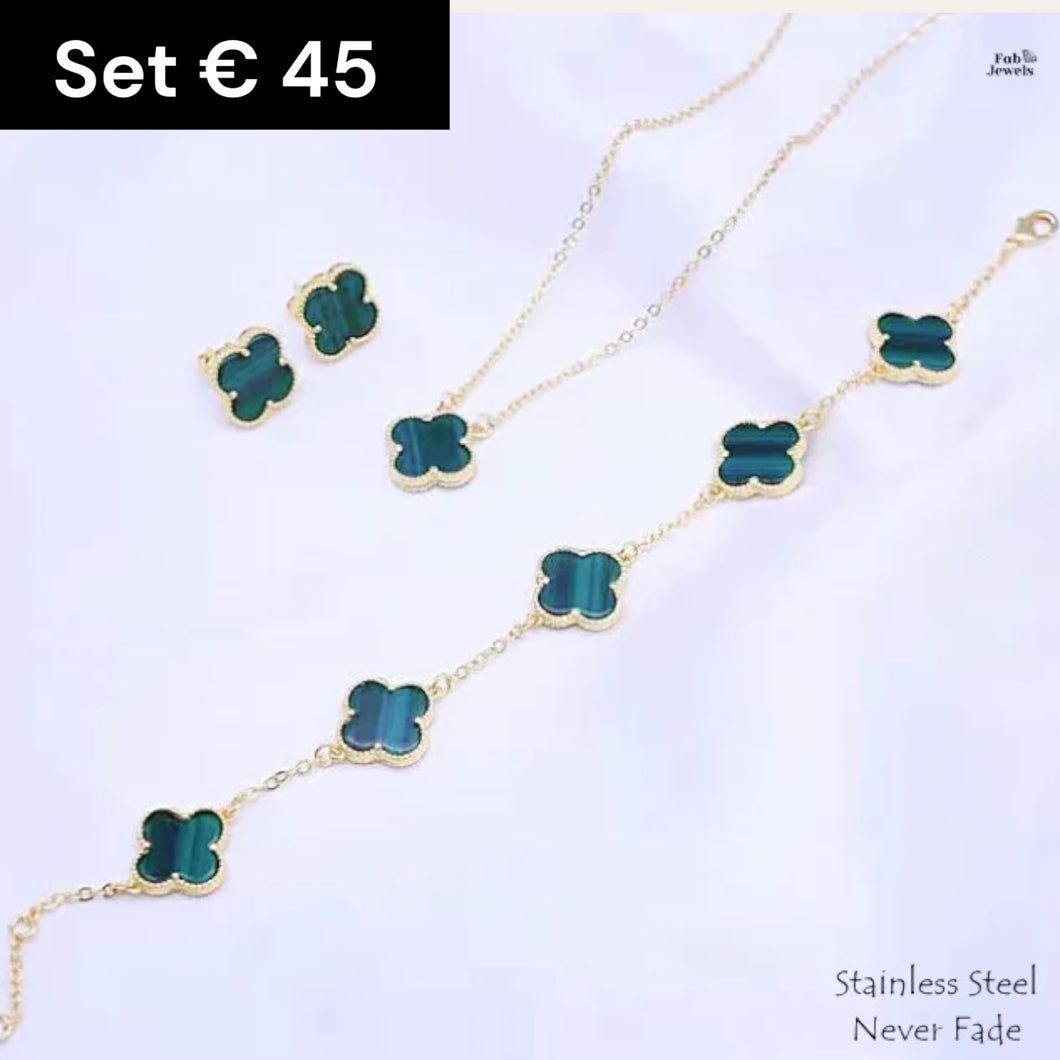 Stainless Steel 316L Yellow Gold Green Agate Clover Set Necklace Bracelet Earrings