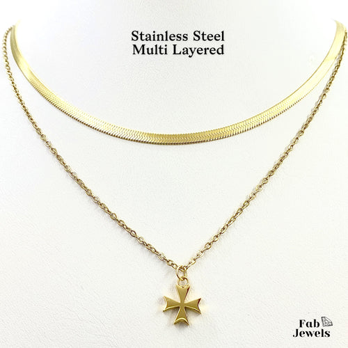 Stainless Steel Yellow Gold Maltese Cross Multi Layered Necklace