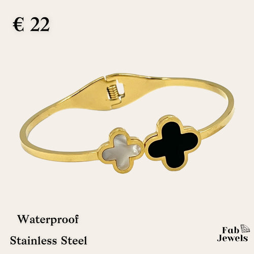 Yellow Gold Plated Stainless Steel Clover Bangle with Mother of Pearl and Onyx