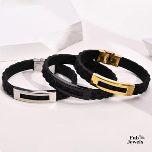 Black Silicone and Stainless Steel Gold Plated Men's Bracelet