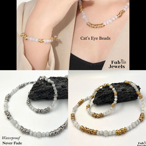 Cat’s Eye Beads Stainless Steel 18ct Gold Finish Choker Necklace Bracelet Set