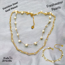 Load image into Gallery viewer, Stainless Steel Yellow Gold Plated Multi Layered Set with Freshwater Pearls Necklace Matching Bracelet