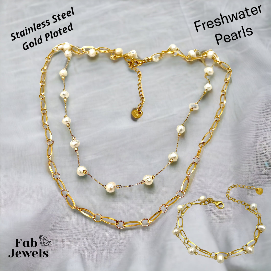 Stainless Steel Yellow Gold Plated Multi Layered Set with Freshwater Pearls Necklace Matching Bracelet
