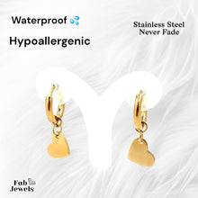 Load image into Gallery viewer, Stainless Steel Hypoallergenic Gold Plated Hoop Earrings with a Heart Charm