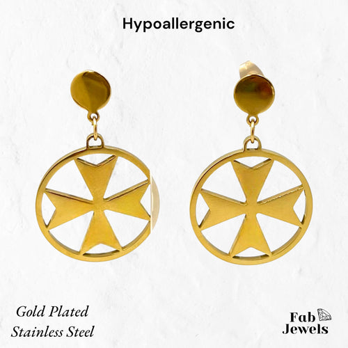 Yellow Gold Plated Maltese Cross Dangling Hypoallergenic Earrings