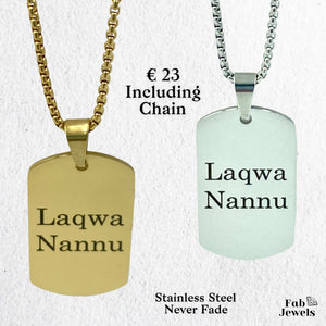 Stainless Steel Yellow Gold Engraved Laqwa Nannu Dog Tag Pendant with Necklace