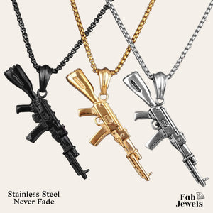 Stainless Steel Gun Pendant Silver Gold Black Tone with Necklace
