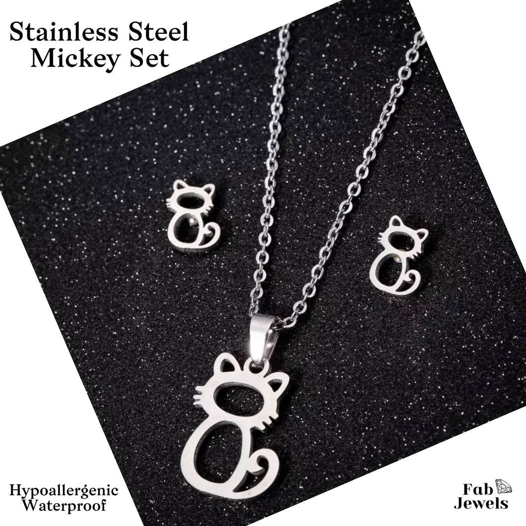 Stainless Steel Cat Set Hypoallergenic Earrings and Necklace