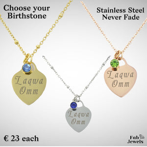 Engraved Stainless Steel 'Laqwa Omm’ Heart Pendant with Personalised Birthstone Inc. Necklace