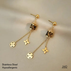 Stylish Gold Plated Stainless Steel Long Dangling Clover Flower Earrings