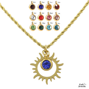Yellow Gold Stainless Steel Rope Necklace with Birthstone Sun Pendant