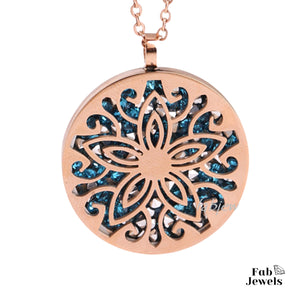 Rose Gold Stainless Steel Necklace Blue Crystals Flower Pendant