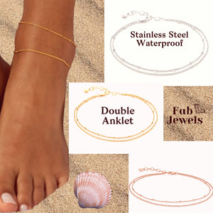 Stainless Steel 316L Ball Chain Double Anklet Rose Gold Yellow Gold Silver