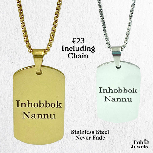 Stainless Steel Yellow Gold Engraved Inhobbok Nannu Dog Tag Pendant with Necklace