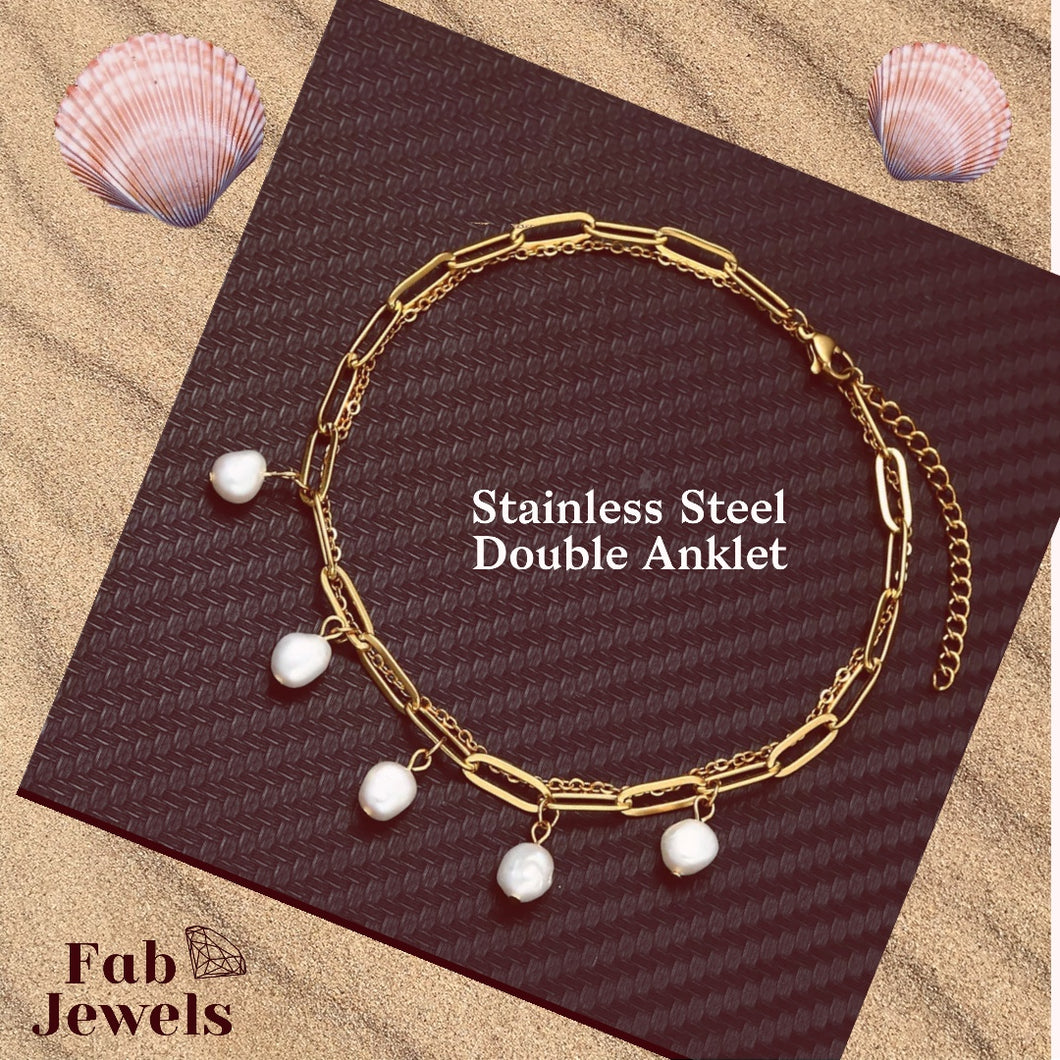 Stainless Steel 316L Double Anklet Baroque Freshwater Pearls Charms Gold Silver