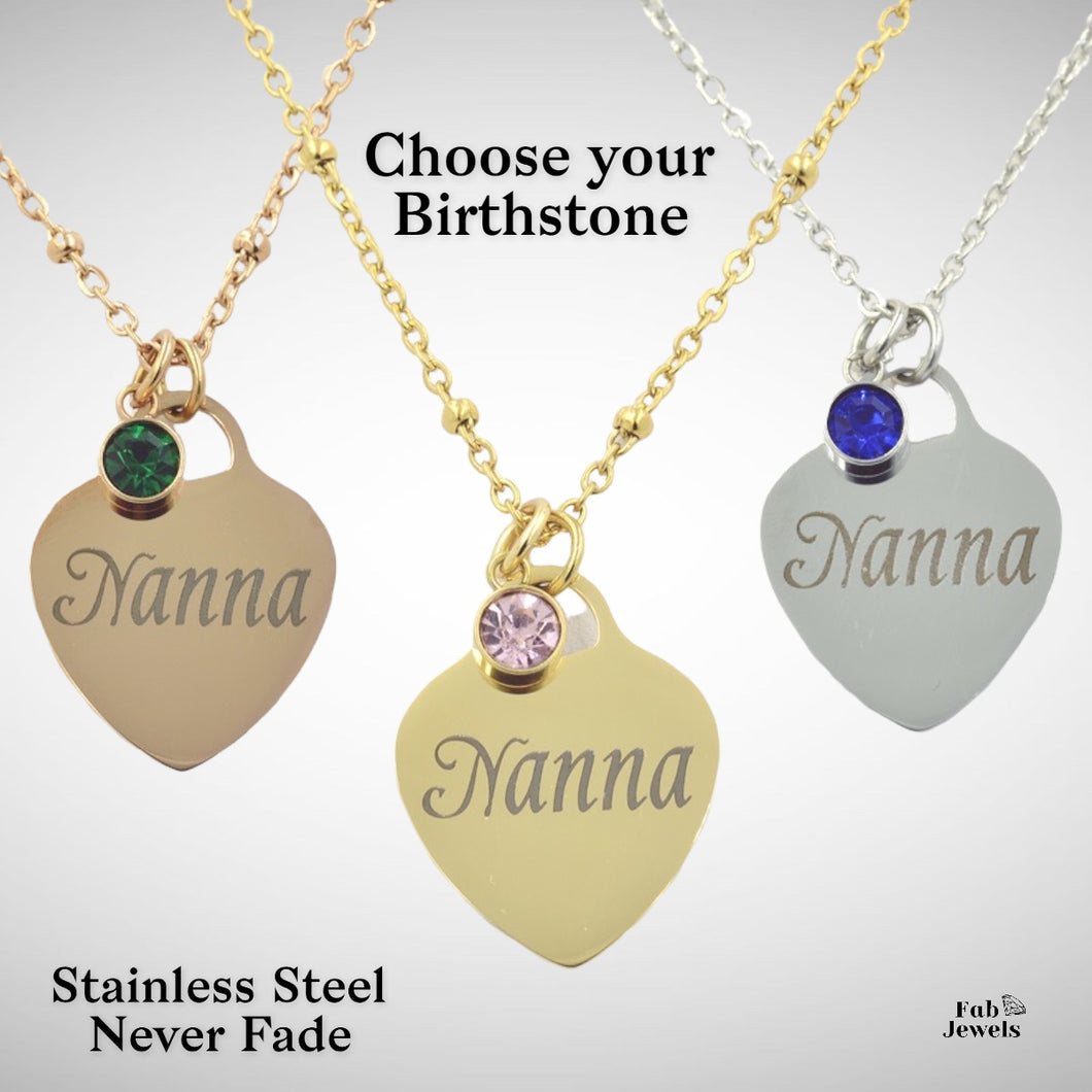 Engraved Stainless Steel ‘Nanna’ Heart Pendant with Personalised Birthstone Inc. Necklace
