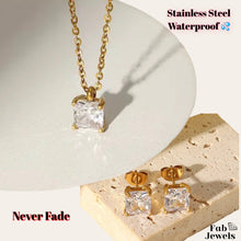 Load image into Gallery viewer, Yellow Gold Stainless Steel Set Square Solitaire Pendant and Matching Earrings with Swarovski Crystals