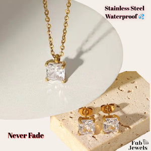 Yellow Gold Stainless Steel Set Square Solitaire Pendant and Matching Earrings with Swarovski Crystals