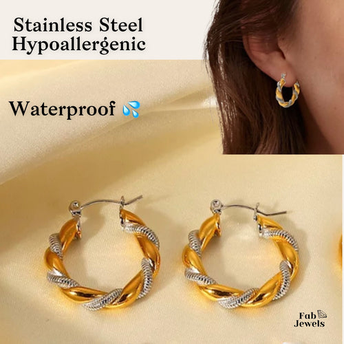 Stainless Steel Hypoallergenic 2 Tone Hoop Earrings